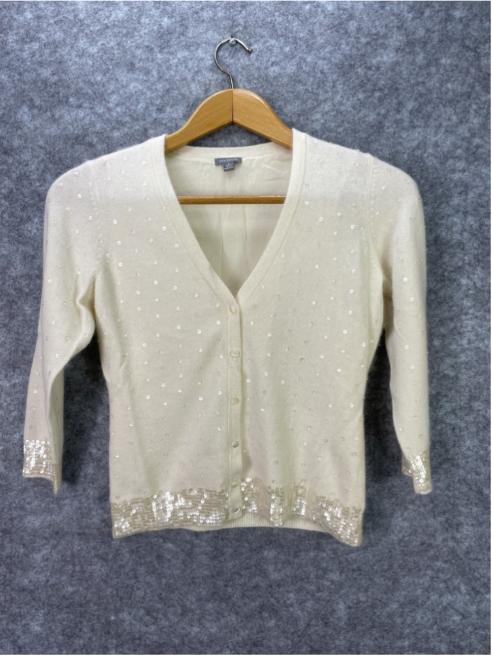 Ann Taylor Cardigan Angora Sweater Womens Small White Sequin Polka Dot